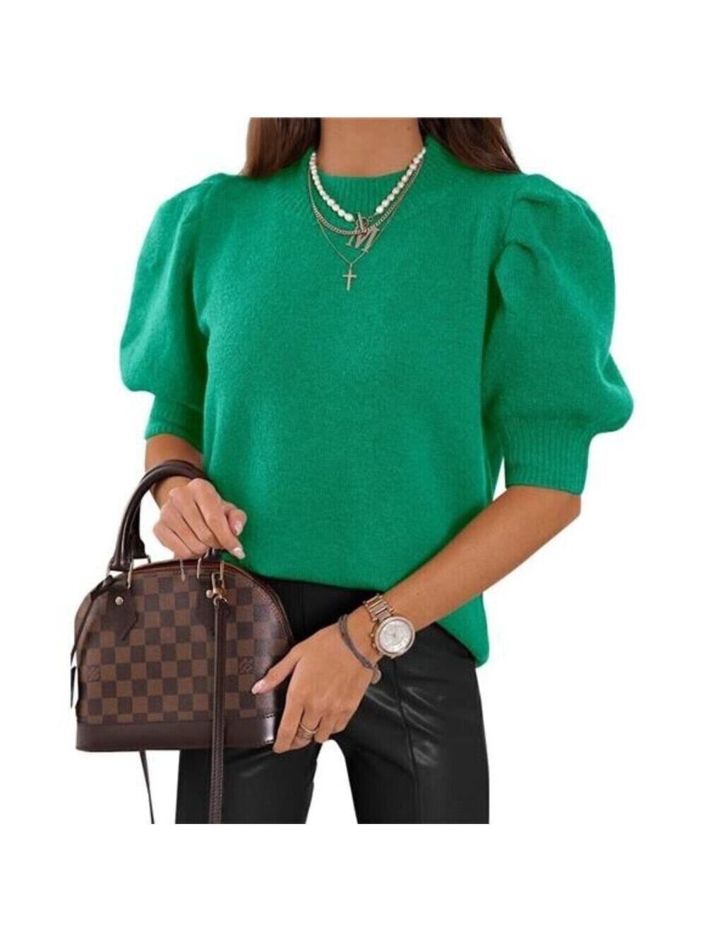 Women's Puff Short Sleeve Sweater Tops Trendy Knit Crew Neck Green S-M-L-XL